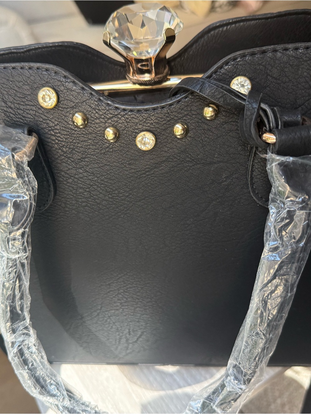 Traci Lynn Black Studded Dome Handbag Set w Matching Wallet Crystal Diamond Top - Picture 15 of 15